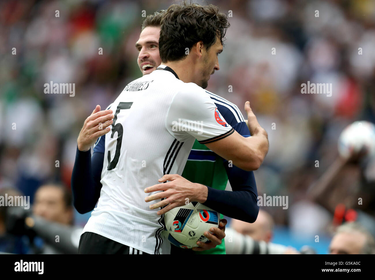 Germany's Mats Hummels, centre, heads on goal during the Euro 2020
