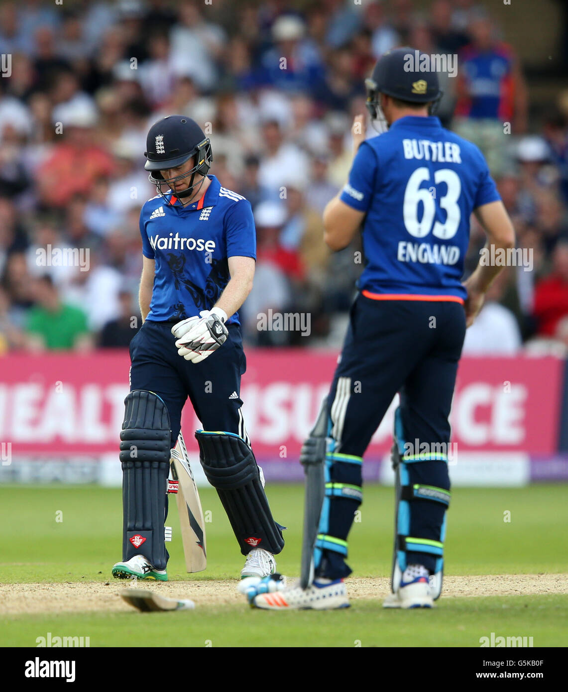 England's Eoin Morgan walks off after being dismissed by Sri Lanka's Nuwan Pradeep during the First One Day International at Trent Bridge, Nottingham. Stock Photo