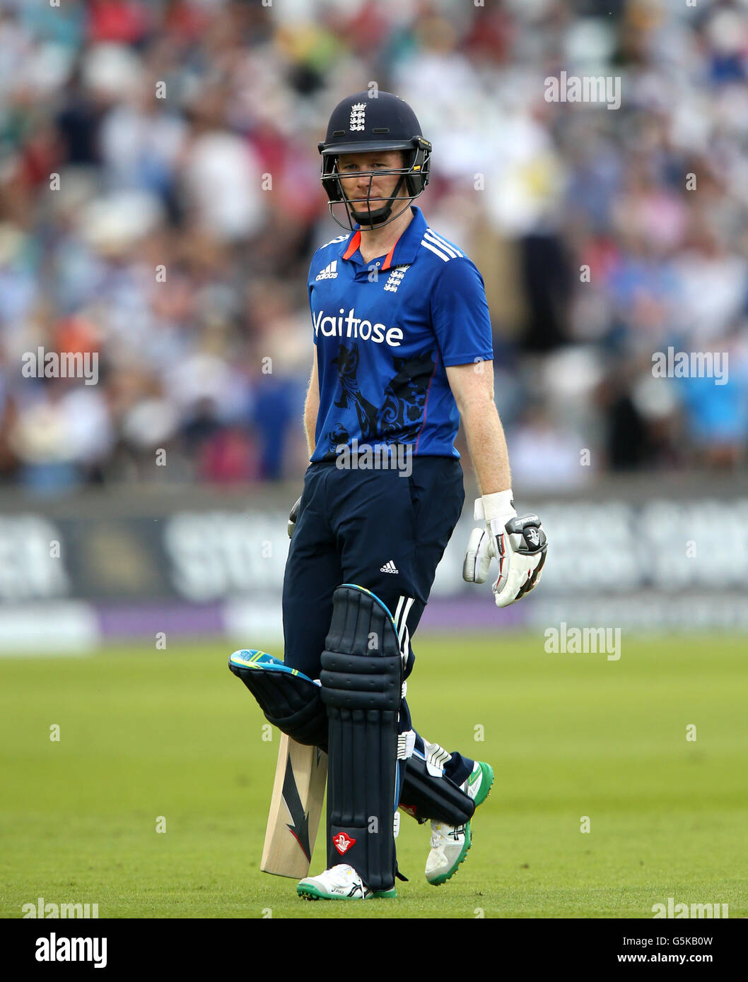 England's Eoin Morgan walks off after being dismissed by Sri Lanka's Nuwan Pradeep during the First One Day International at Trent Bridge, Nottingham. Stock Photo