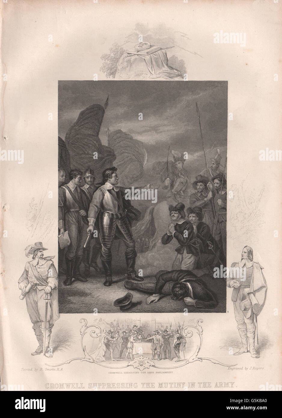 ENGLISH CIVIL WAR: Cromwell suppressing Mutiny. Dissolving Long Parliament, 1853 Stock Photo