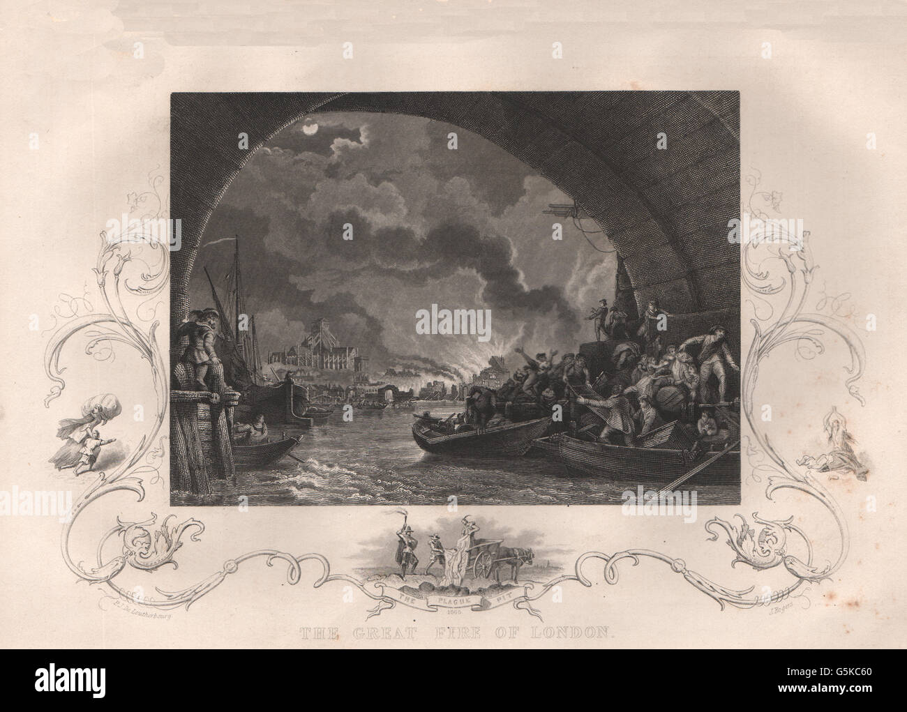 BRITISH HISTORY: The Great Fire of London (Inset: The Plague pit 1665) , 1853 Stock Photo