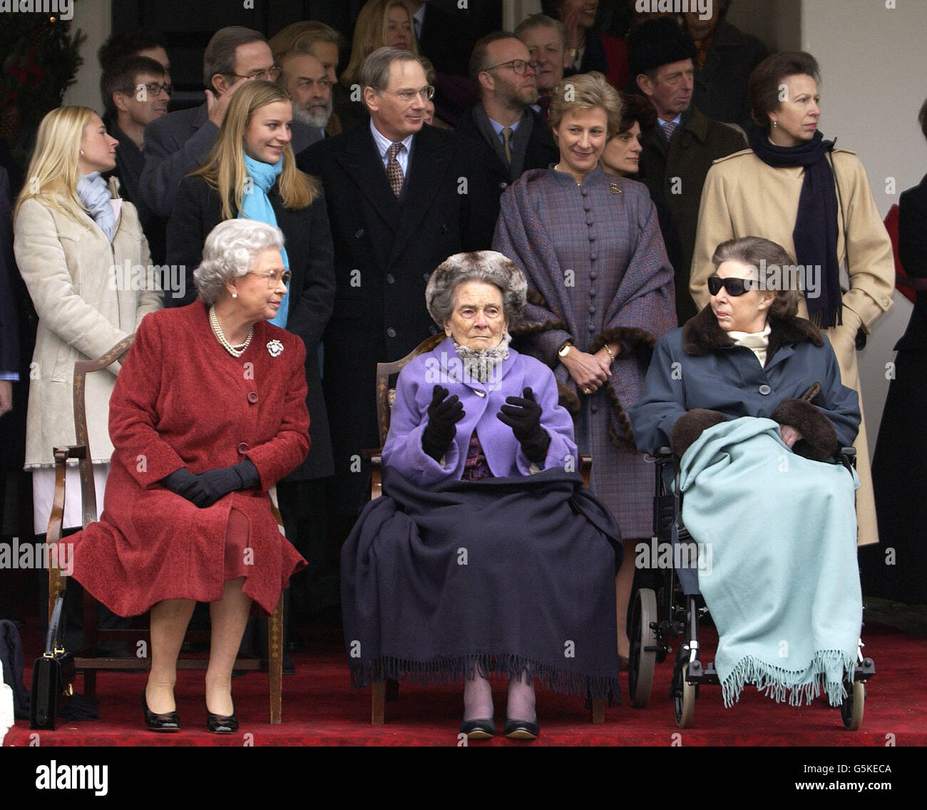 Front row - Britain's Queen Elizabeth II (left) joins her aunt, Princess Alice (centre) and Princess Margaret (right) with - in the row behind - The Princess Royal ( right), the Duke and Duchess of Gloucester (centre and 2nd right) and their daughters Lady Rose (left). *... and Lady Davina (2nd left) at Kensington Palace, London for a party to honour Princess Alice's forthcoming 100th birthday. It was a rare public appearance for the Princess who, as she approaches her 100th birthday on Christmas Day, is frail but in good spirits. Stock Photo