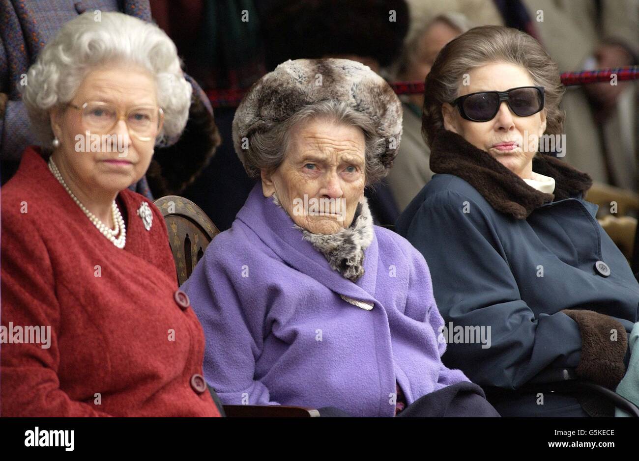 Britain's Queen Elizabeth II (left) joins her aunt, Princess Alice (centre) and Princess Margaret at Kensington Palace, London for a party to honour Princess Alice's forthcoming 100th birthday. Stock Photo