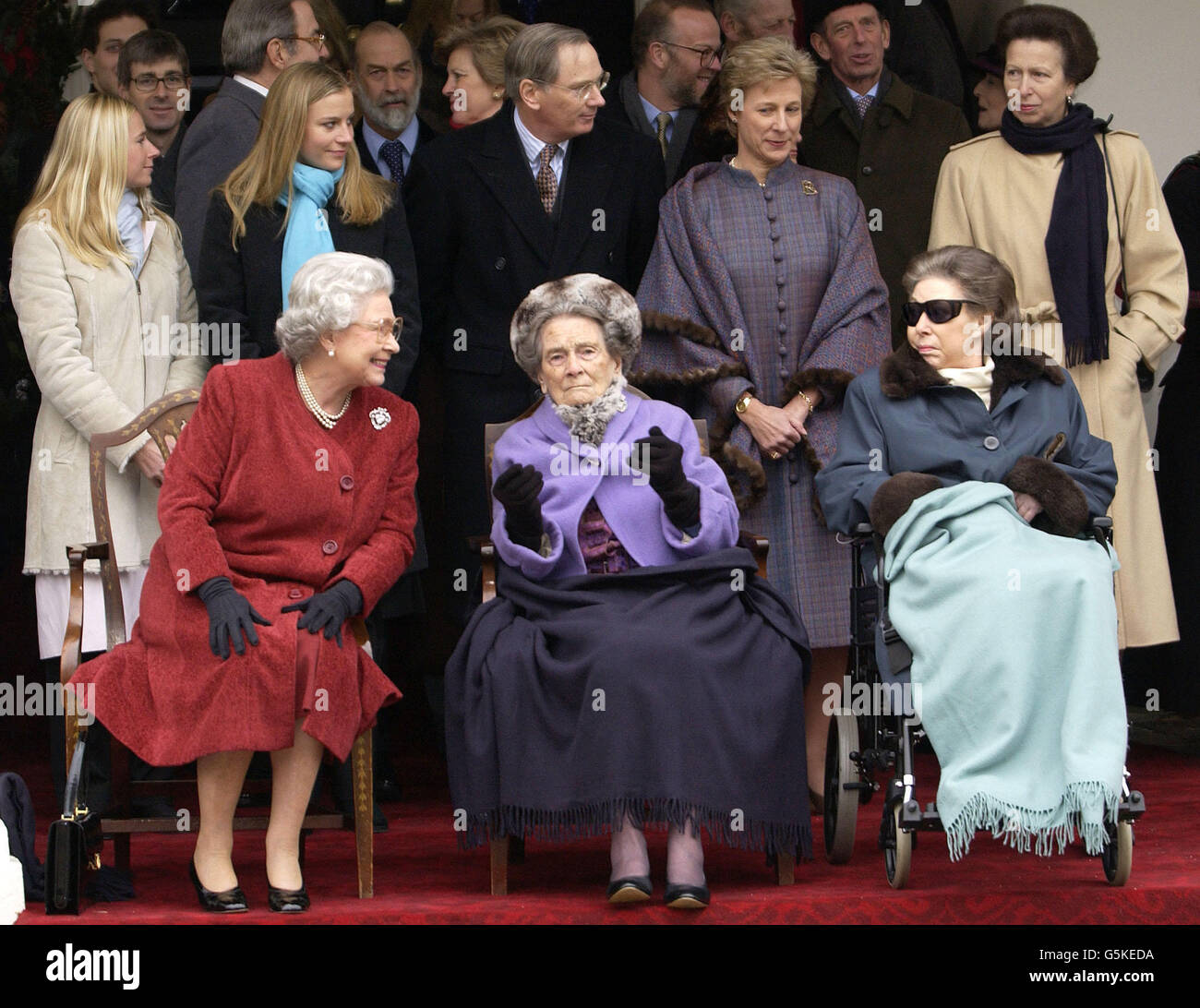Front row - Britain's Queen Elizabeth II (left) joins her aunt, Princess Alice (centre) and Princess Margaret (right) with - in the row behind - The Princess Royal (right), the Duke and Duchess of Gloucester (centre and 2nd right) and their daughters Lady Rose (left). *... and Lady Davina (2nd left) at Kensington Palace, London for a party to honour Princess Alice's forthcoming 100th birthday. It was a rare public appearance for the Princess who, as she approaches her 100th birthday on Christmas Day, is frail but in good spirits. * 09/02/02 Princess Margaret has died, Buckingham Palace Stock Photo