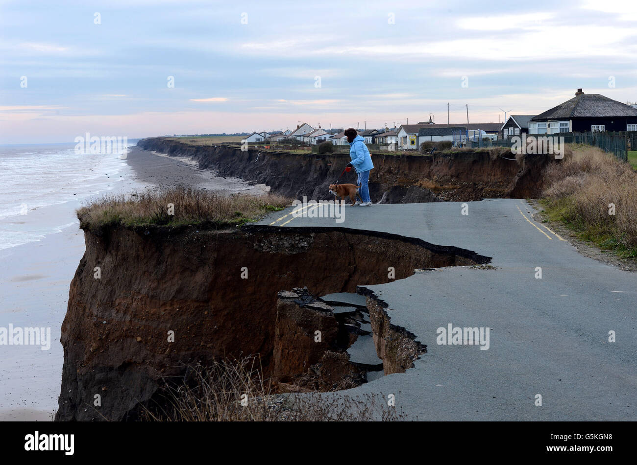 The coastal road between Skipsea and Ulrome collapses into the North Sea. Stock Photo