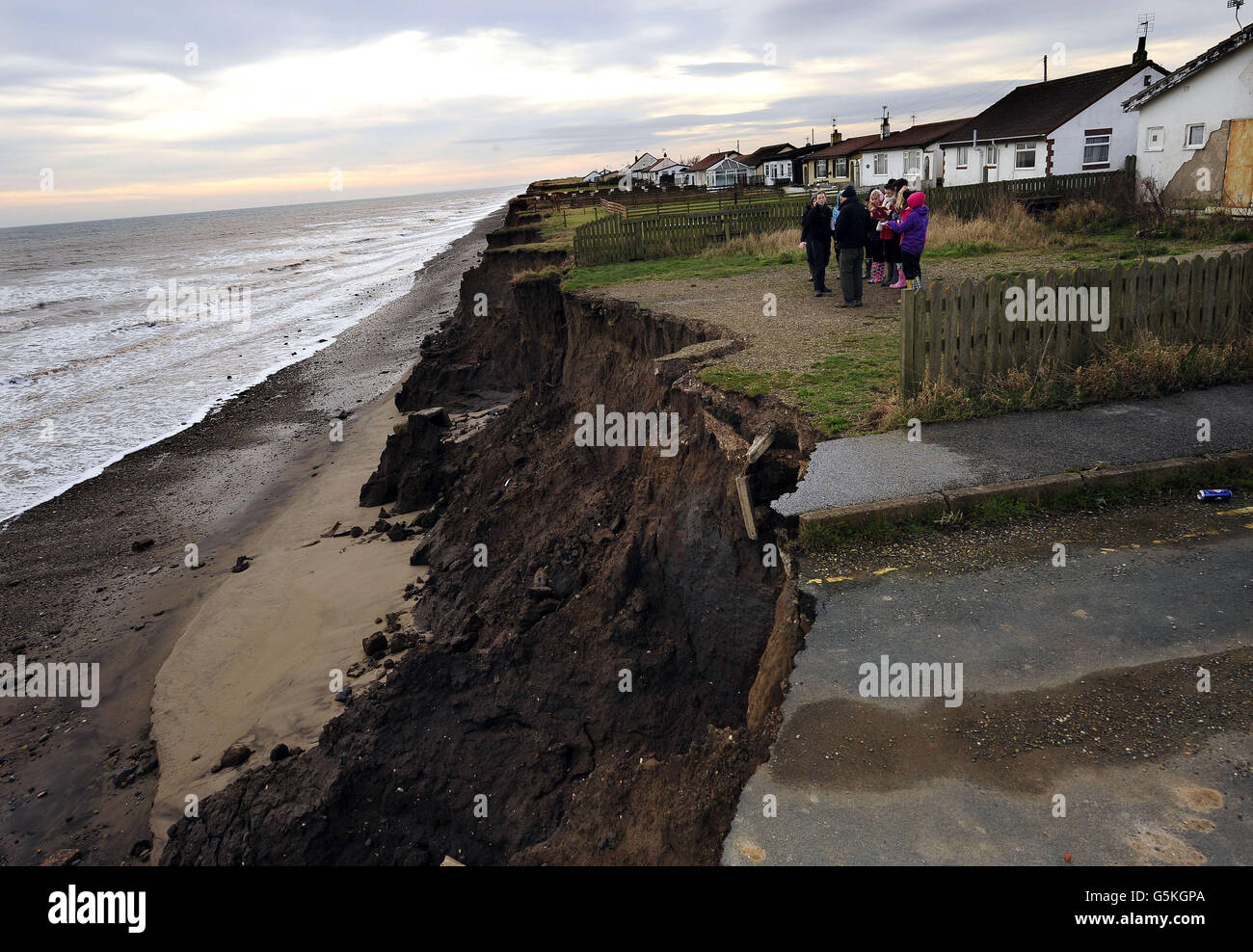 The coastal road between Skipsea and Ulrome collapses into the North Sea. Stock Photo