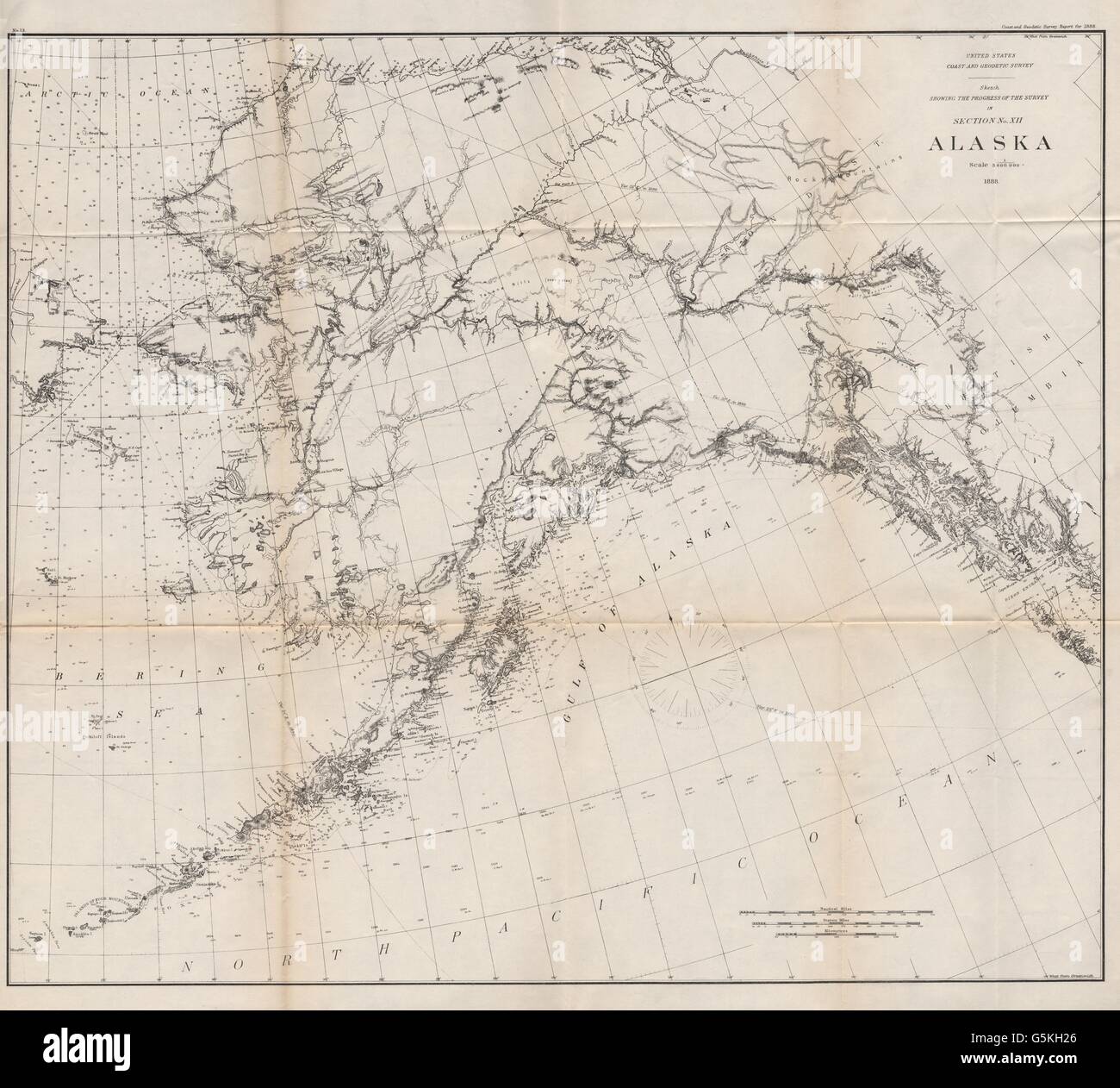 ALASKA COASTAL CHART: Mountains. Ocean depths. Bering Strait. USCGS, 1889 map Stock Photo