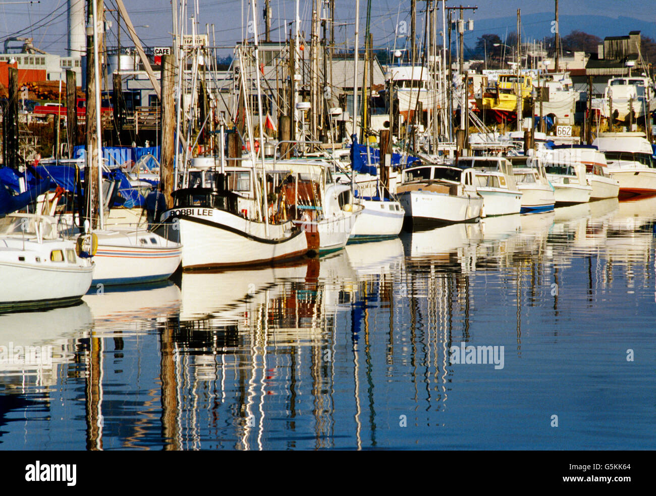 Boats moored at a marina at Discovery Bay, Strait of Juan de Fuca, Olympic Peninsula, Washington, USA Stock Photo