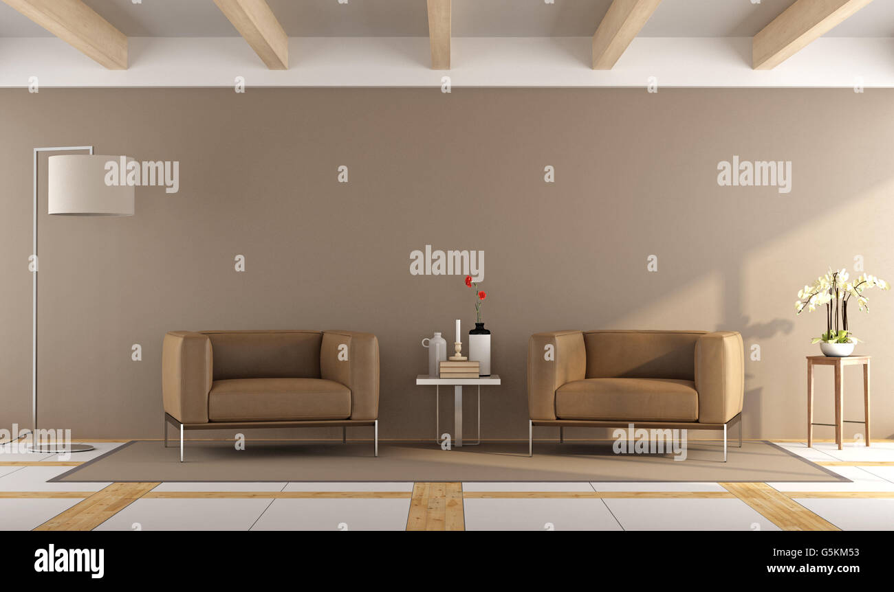 Brown modern living room with two leather armchair and coffee table ...