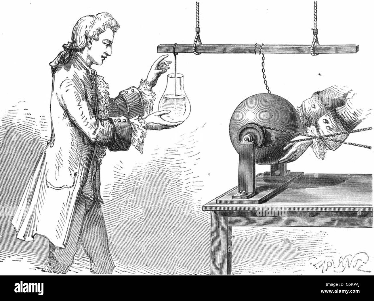 Andreas Cuneus, an assistant in the laboratory of Pieter von Muschenbroek in Leyden, attempts to 'condense' electricity in a glass of water. Artist's conception of the discovery of the 'Leyden jar'. Stock Photo