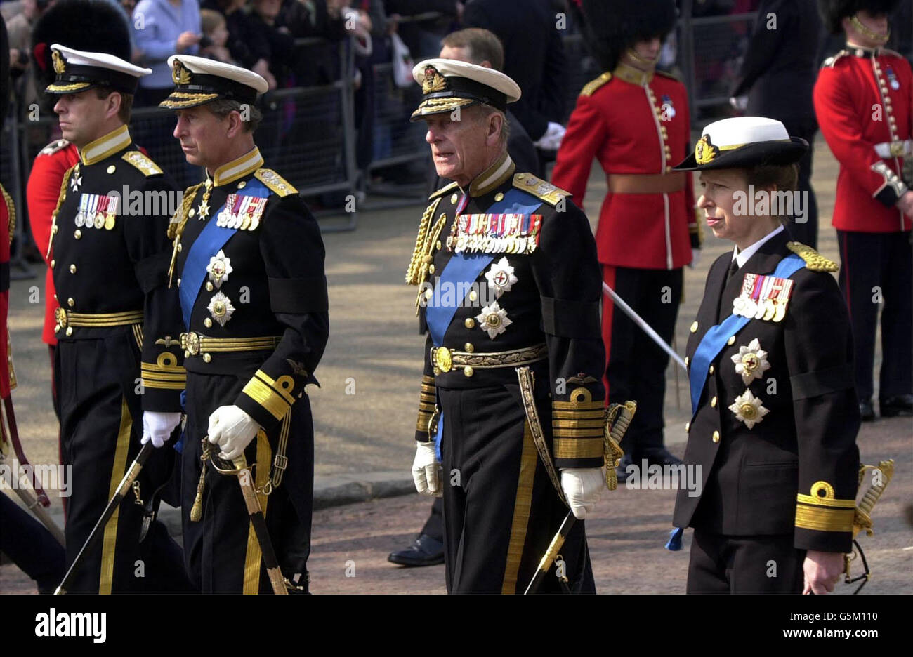 The royal entourage (left-right) The Duke of York, The Prince of Wales, The Duke of Edinburgh and The Princess Royal following the coffin of the Her Majesty Queen Elizebeth the Queen Mother in procession from the Queens Chapel, * St. James Palace to Westminster Hall as it passes in to Horseguards Parade. Stock Photo