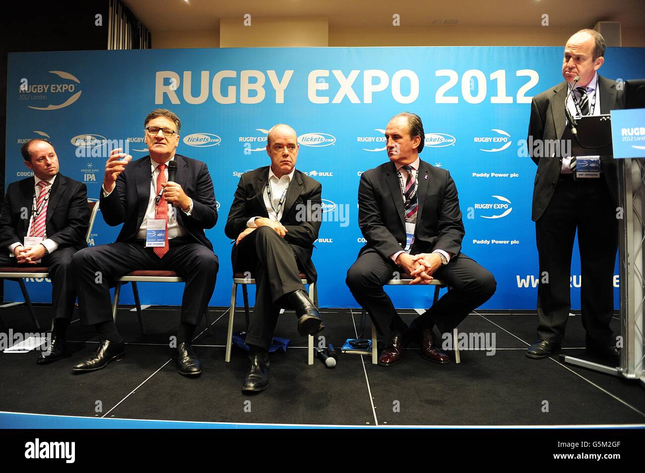 Rod O'Callaghan of Paddy Power, Brendan Guilfoyle of P&A Partnership, Simon Gillham of Brive RC, Simon Norster of Engagesport LLC and Roger Blitz of the FInancial Times (left to right) speak on Day One of the Rugby Expo 2012 Stock Photo