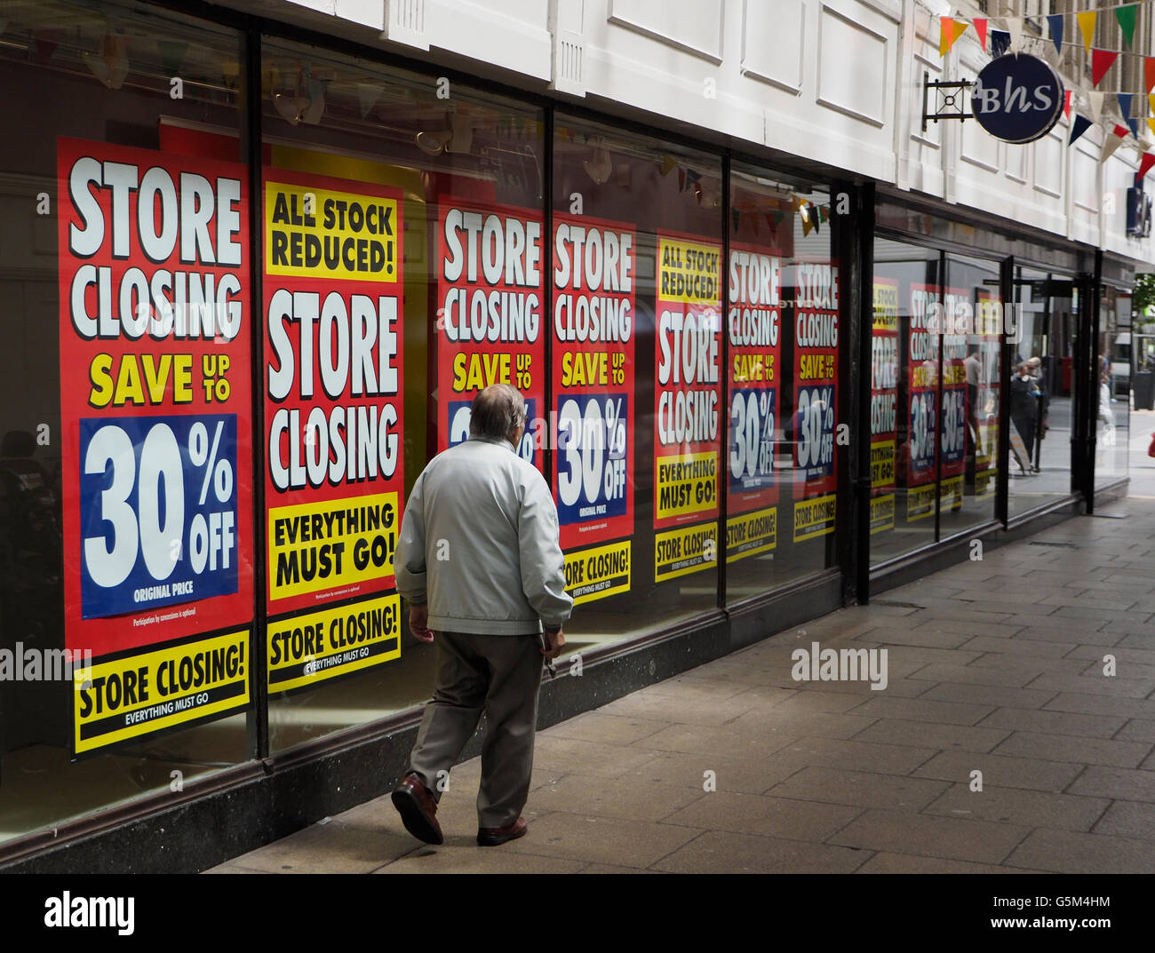 BHS displays a sale promotion in Southport . British Home Stores is set to close in Southport. Stock Photo