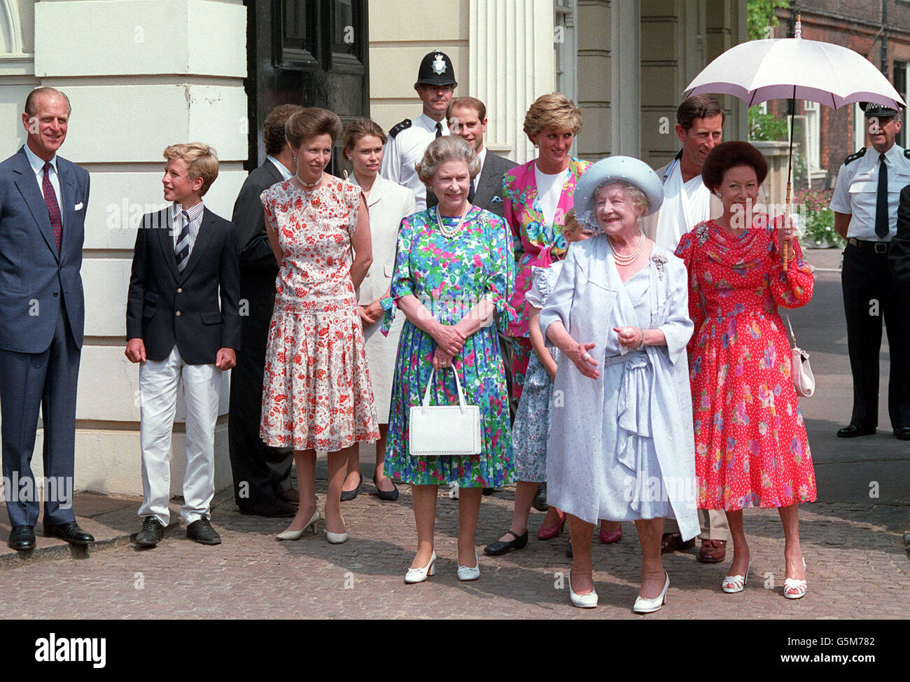 Princess Margaret (far right), who celebrates her 60th birthday, with the Queen, Prince Edward (left background), the Prince and Princess of Wales (background) and the Queen Mother on her 90th birthday outside Clarence House in London. Stock Photo