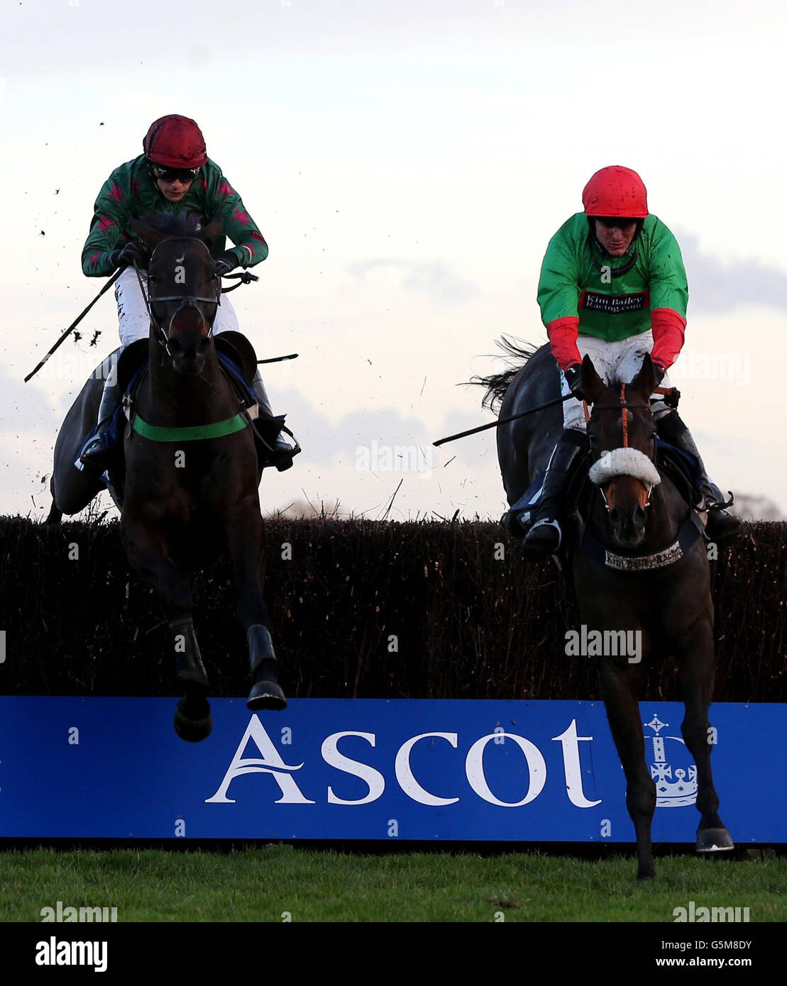 The Rainbow Hunter ridden by Nick Scholfield (right) clears the last to beat Loch Ba riden by Dominic Elsworth to win The Mitie Events &amp; Leisure Handicap Steeple Chase at Ascot Racecourse, Berkshire. Stock Photo