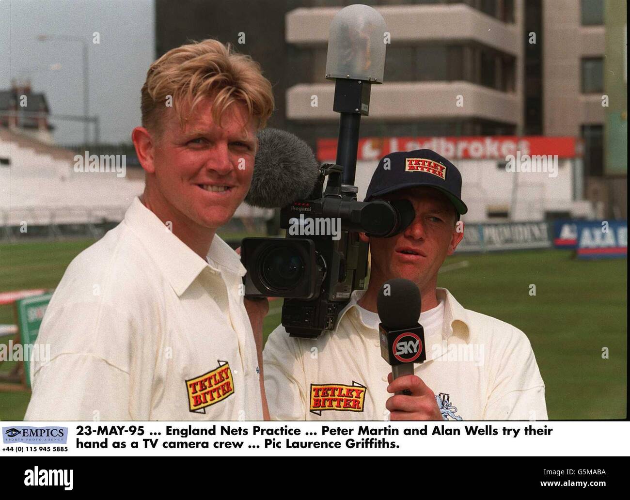 23-MAY-95, England Nets Practice, Peter Martin and Alan Wells try their hand as a TV camera crew Stock Photo