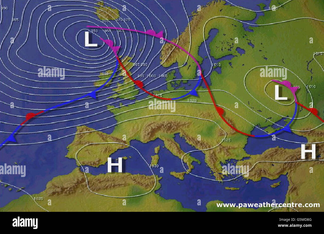 A PA Weather Centre pressure chart released, of the forecast for midday tomorrow, as Britain prepares itself for another wave of severe gales. Weather forecasters predict gusts of 80mph will affect some parts of the country. * . .. although they do not expect conditions to be as severe as Monday's violent storms. Stock Photo