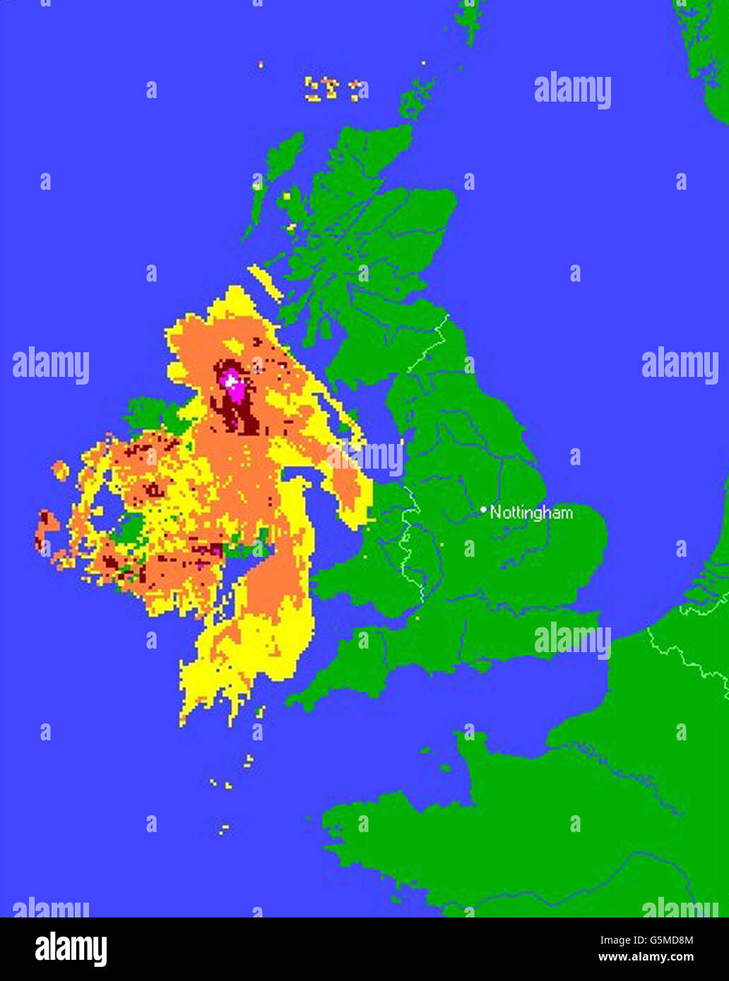 A PA Weather Centre radar scan, showing a storm moving towards Scotland, as Britain prepares itself for another wave of severe gales. Weather forecasters predict gusts of 80mph will affect some parts of the country. * ...although they do not expect conditions to be as severe as Monday's violent storms. Stock Photo
