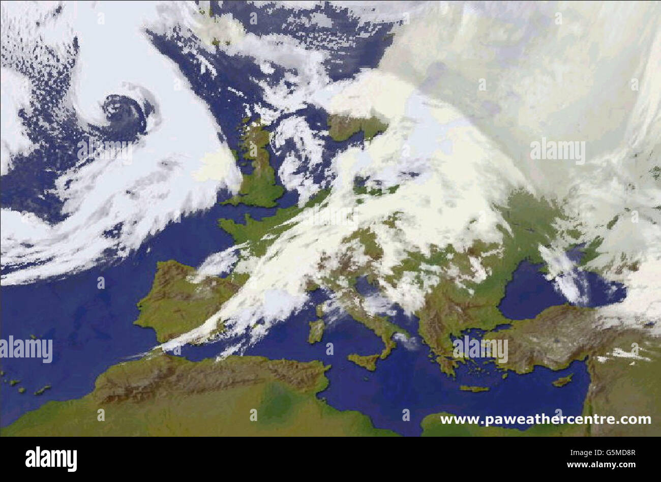A PA Weather Centre satellite scan taken, as Britain prepares itself for another wave of severe gales. Weather forecasters predict gusts of 80mph will affect some parts of the country, although they do not expect conditions to be as severe as Monday's violent storms. Stock Photo