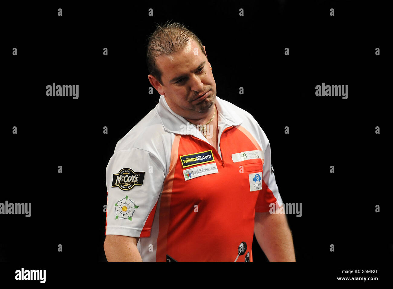 Darts - Grand Slam of Darts - Wolverhampton Civic Hall. Dean Winstanley reacts during his semi final against Michael van Gerwen Stock Photo