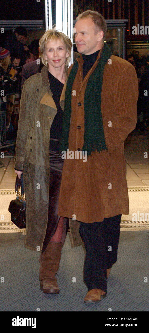 Singer Sting and Wife Trudie Styler arrive for the premiere of Mean Machine at the Odeon Kensington. The film produced by Matthew Vaughan is a remake of the 1974 cult classic starring Burt Reynolds. Stock Photo