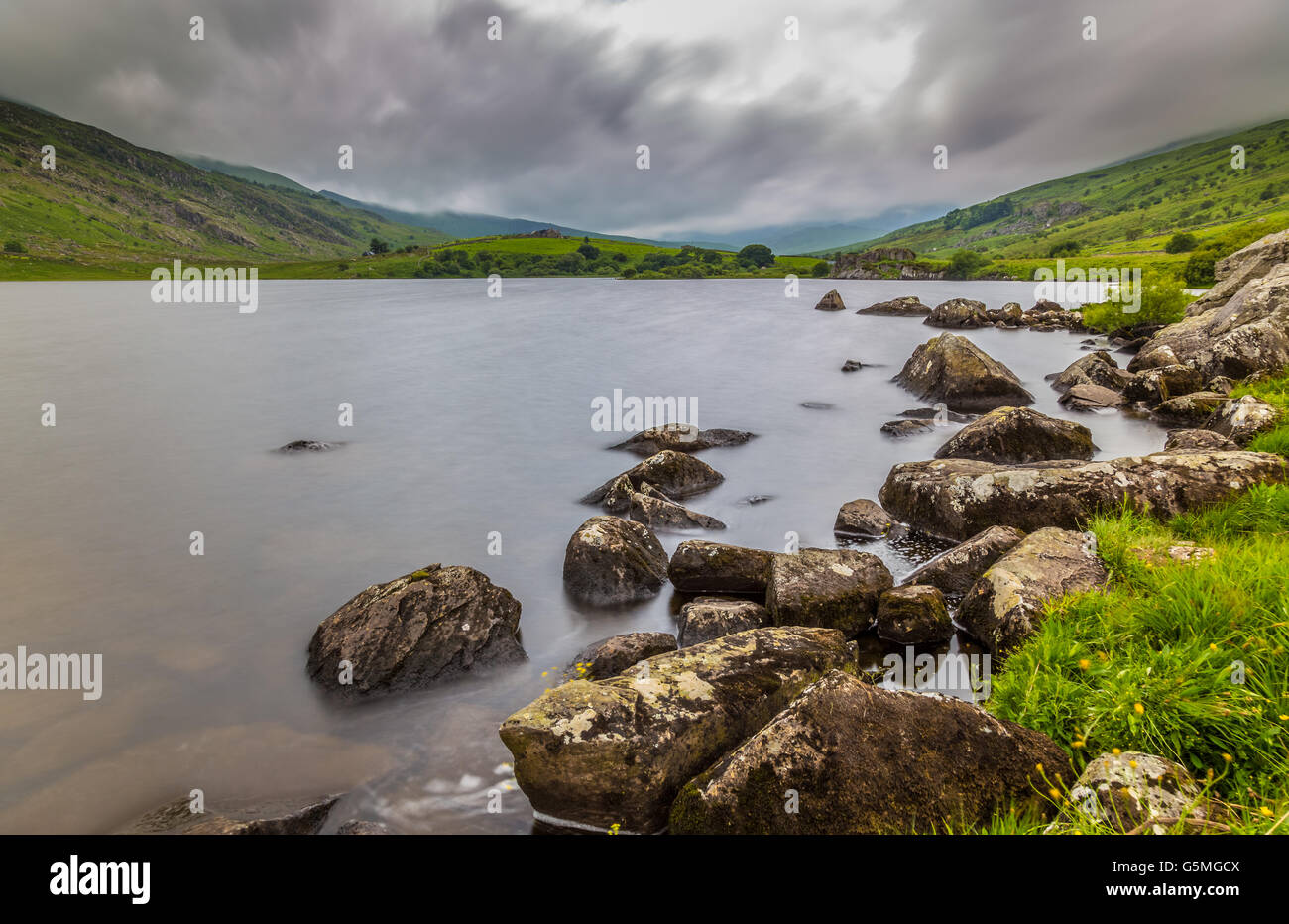 Llynnau Mymbyr lakes located in Dyffryn Mymbyr, valley running from the village of Capel Curig to the Pen-y-Gwryd Snowdonia Stock Photo