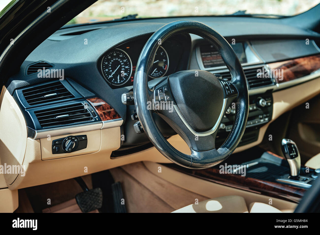 Steering wheel and interior view of car Stock Photo Alamy