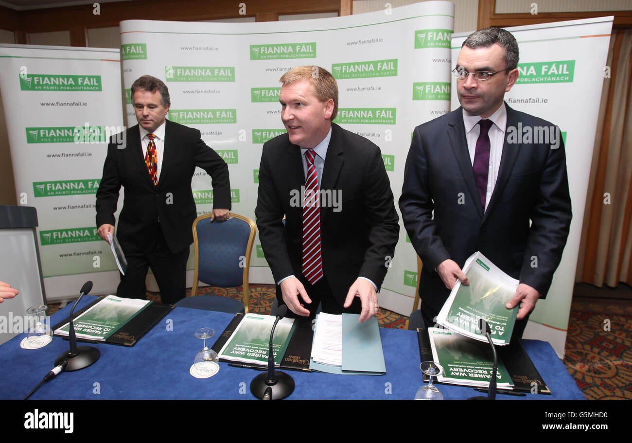 (From left to right) Sean Fleming, Michael McGrath and Dara Calleary of Fianna Fail hold a press conference on their pre-budget submission at the Alexander Hotel, Dublin, Ireland. Stock Photo