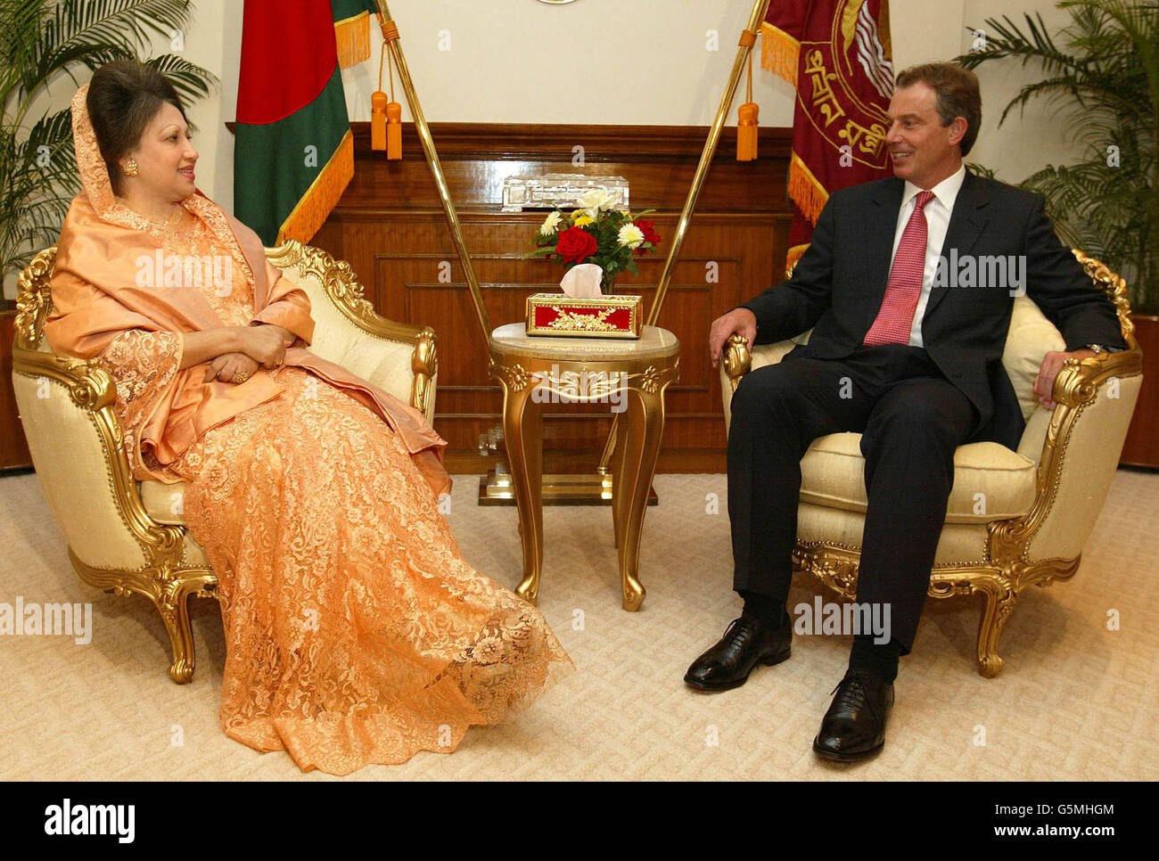 Britain's Prime Minister Tony Blair (R) meets Bangladeshi Prime Minister Khaleda Zia in Dhaka at the start of a week long three nation tour of South Asia. Blair said he would try to exert a 'calming influence' on India and Pakistan which he will visit later in the trip. Stock Photo