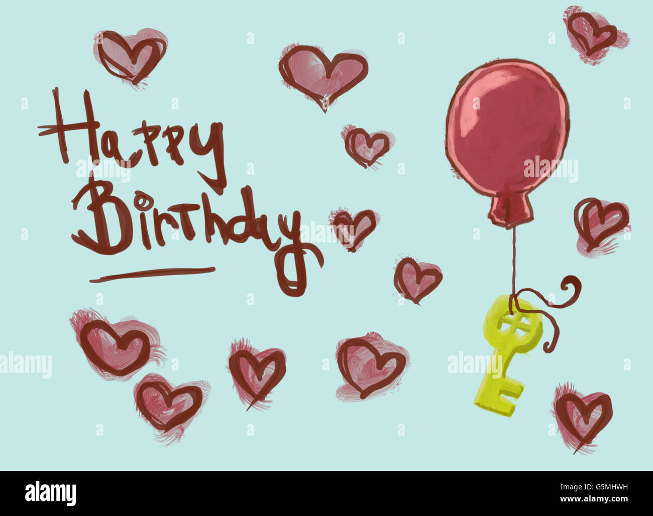 Happy birthday card with oil-like painted key hanging on a balloon Stock Photo