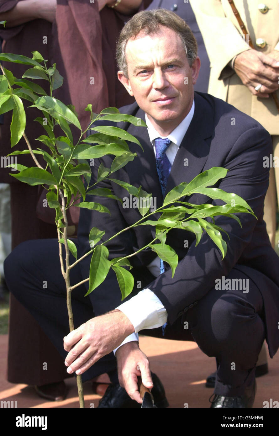 The Prime Minister Tony Blair plants a tree in a garden of remembrance after laying a wreath at a memorial in Dhaka, Bangladesh, for the 3 million martyrs who died in the 1971 Bangladeshi war of Independence. * Later Mr and Mrs Blair were flying on to Bangalore, southern India, which is the centre of the country's IT and telecommunications industry. Stock Photo