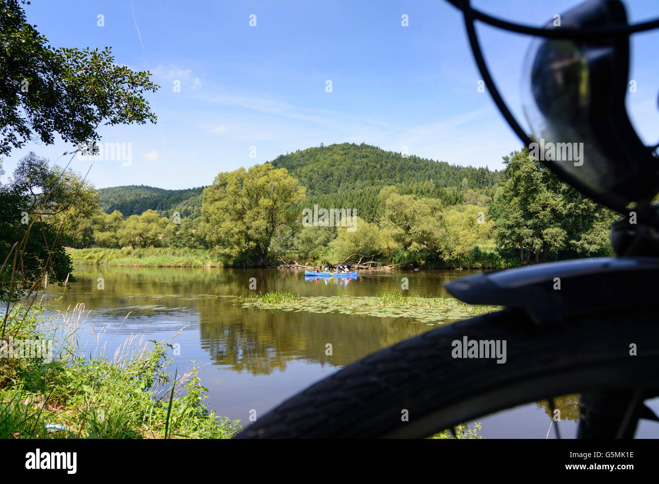 paddlers, canoeists, canoe, river Regen, bicycle, Miltach, Germany, Bayern, Bavaria, Oberpfalz, Upper Palatinate Stock Photo