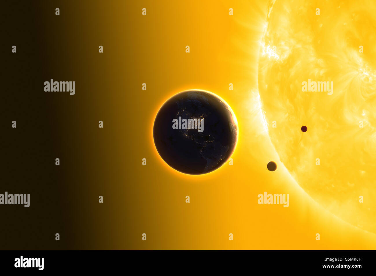 Earth, Venus, Mercury in orbit around the Sun. The suns diameter is about 109 times that of Earth Stock Photo