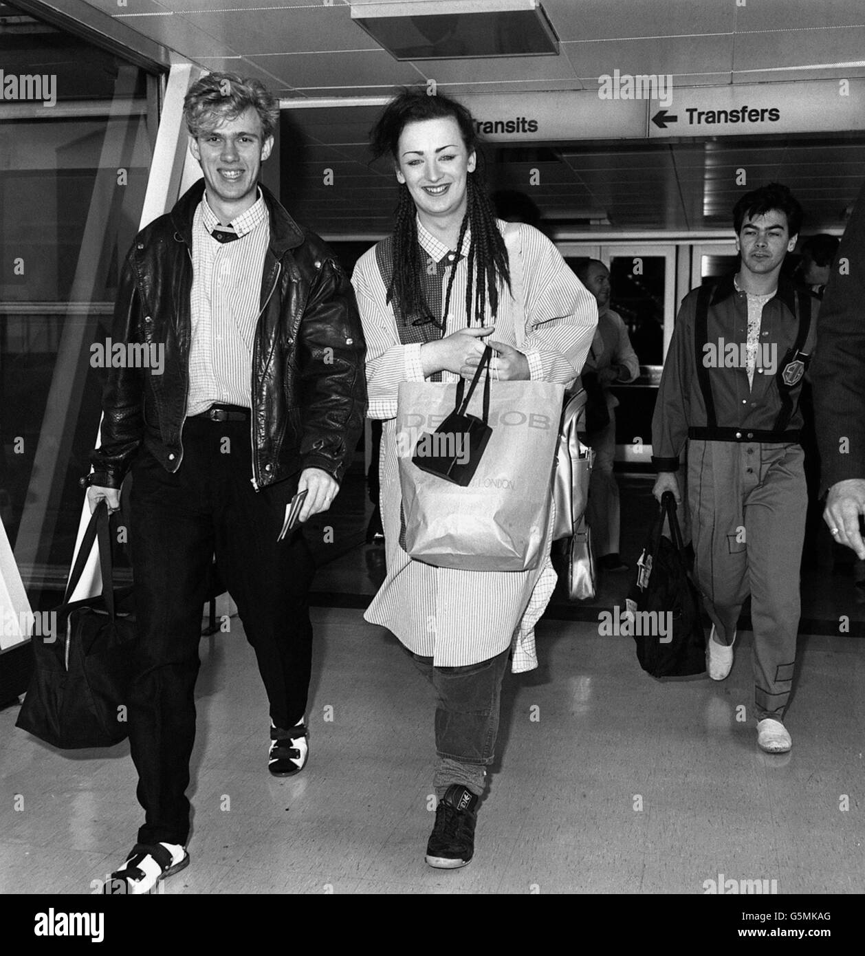 Pop singer Boy George leaves Heathrow Airport London for a promotional trip to the United States. He left for New York on Concorde. Stock Photo