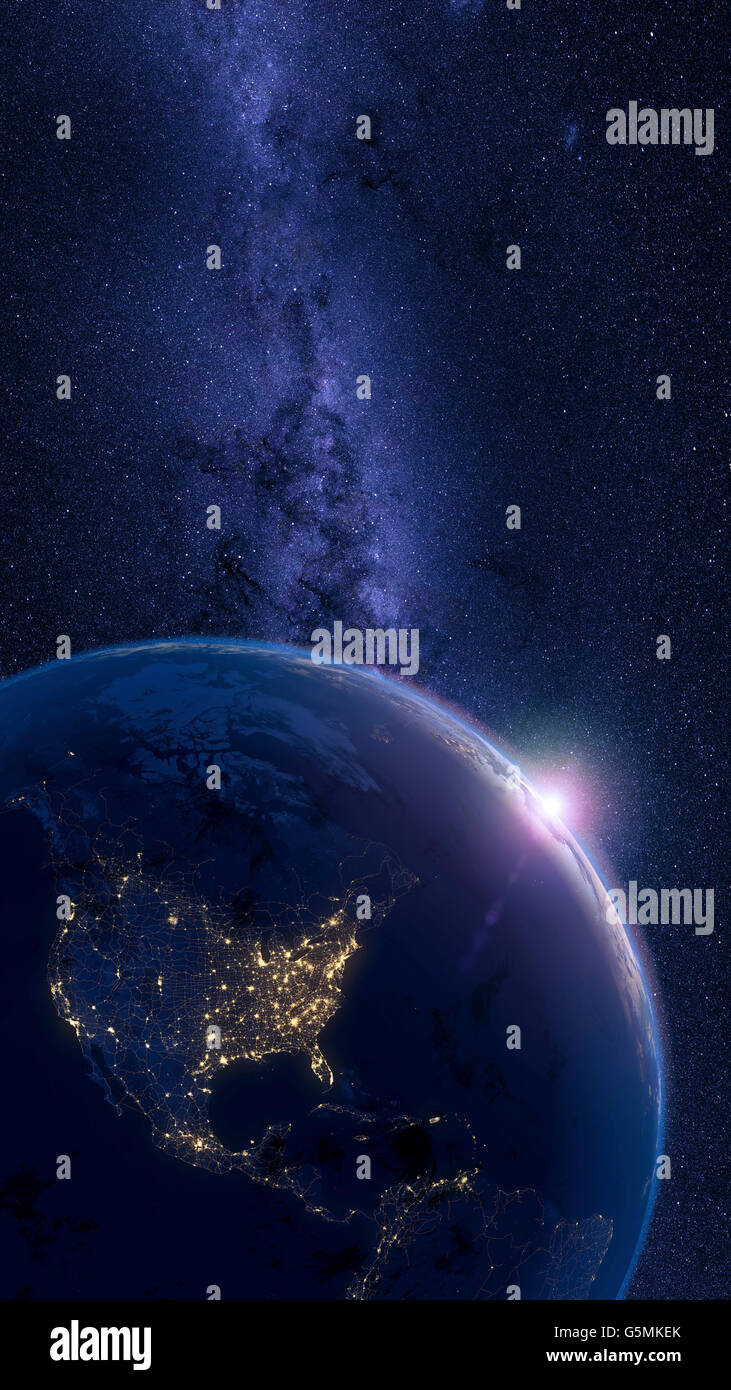 Planet Earth. Night sky and city lights (of North and South America) with illuminated and detailed road map network. Stock Photo