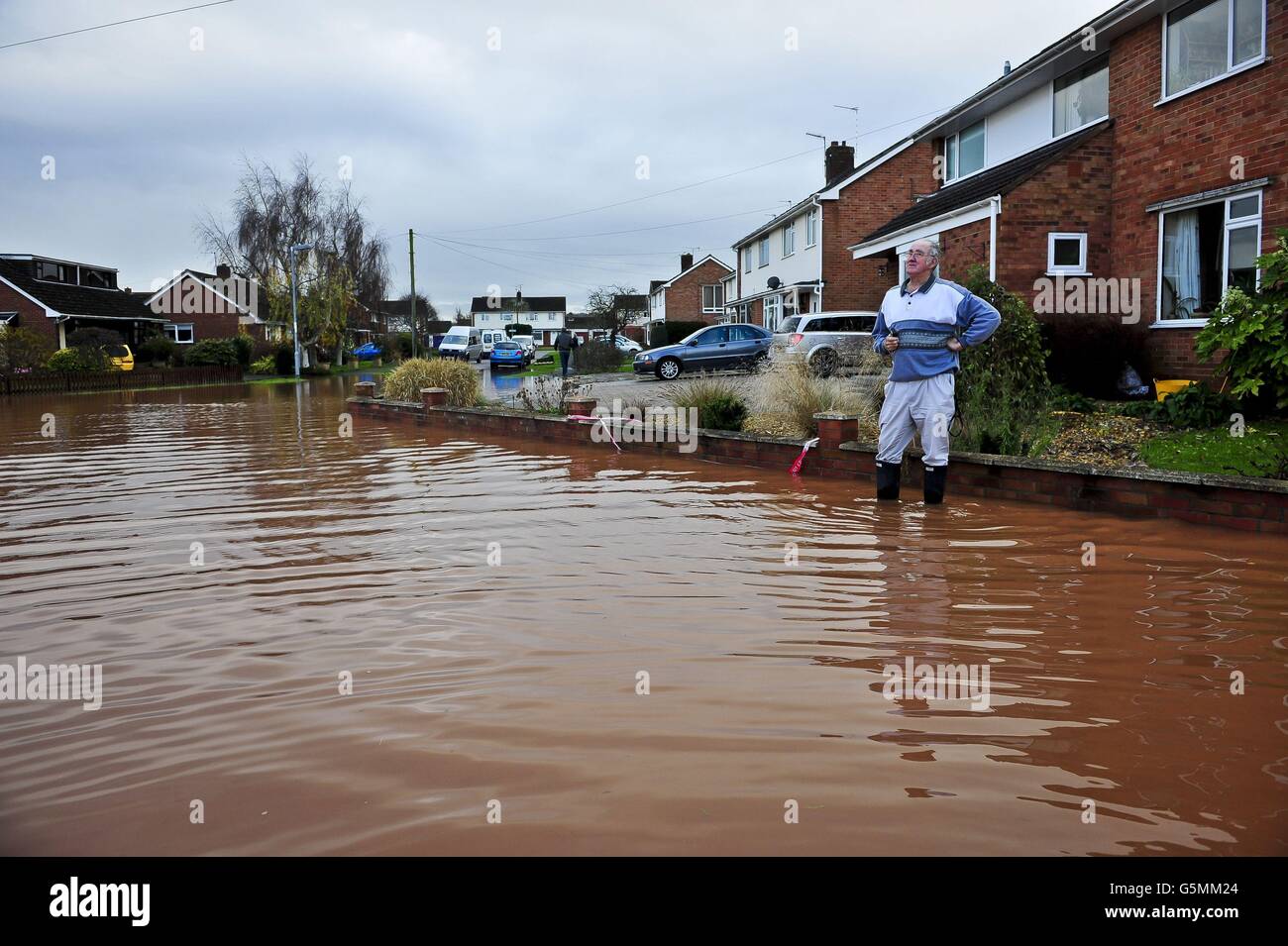 A man assesses the flooding on Cheats Road in the Somerset village of Ruishton, near Taunton, which has been flooded after the River Tone burst it's banks. Stock Photo