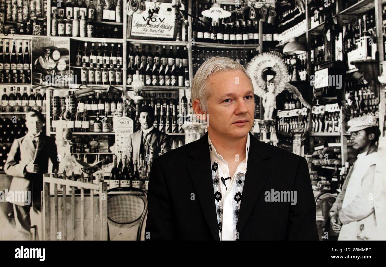 WikiLeaks founder Julian Assange holds a press conference inside the Ecuadorian Embassy in London where he expressed surprise after the European Commission (EC) said a block on processing donations for his organisation by credit card companies was unlikely to have violated EU anti-trust rules. Stock Photo