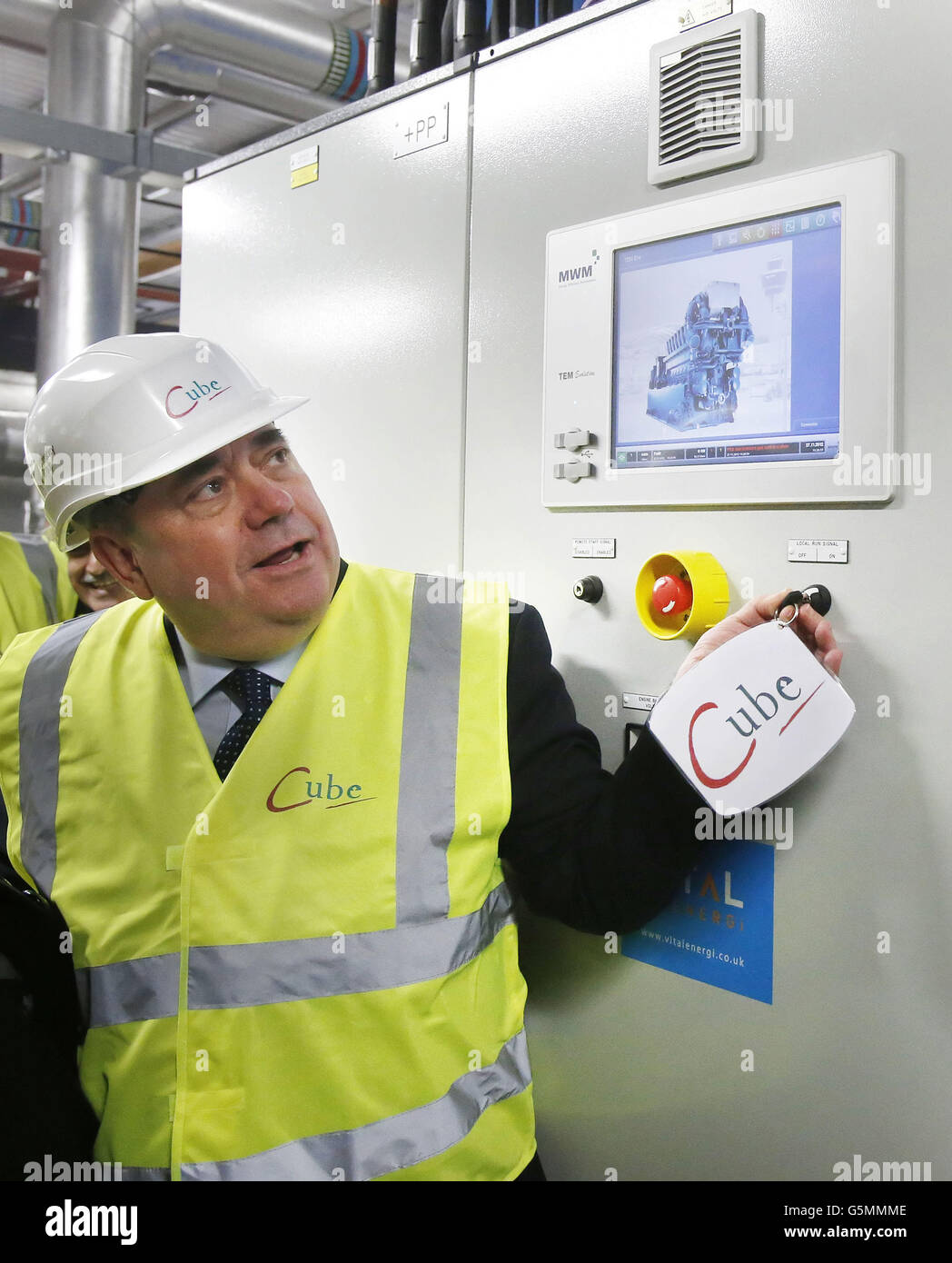 First Minister Alex Salmond officially launches a combined heating and power system which will provide central heating and hot water to more than 1,500 homes at the Cube Housing Association, Wyndford Estate, in Glasgow, Scotland. Stock Photo