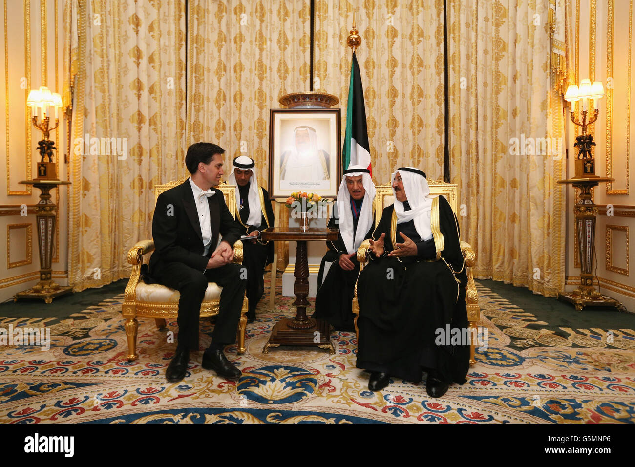 His Highness the Amir Sheikh Sabah Al-Ahmad Al-Jaber Al-Sabah of Kuwait meets with Labour Party leader Ed Miliband before a State Banquet in Windsor Castle on the first day of his State Visit to the UK. Stock Photo