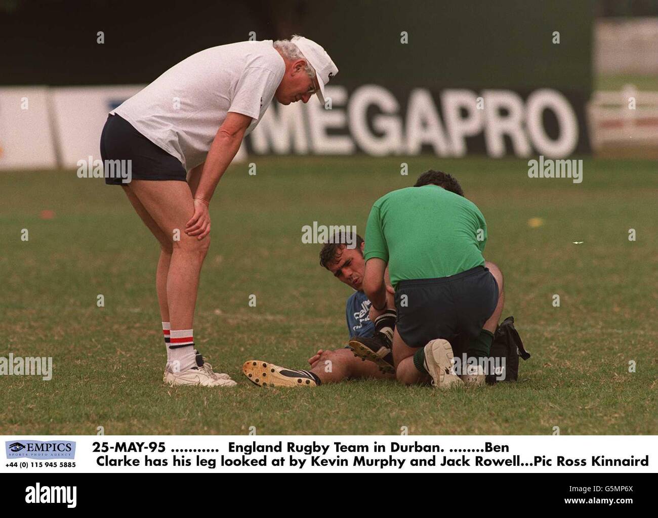 25-MAY-95, . England Rugby Team in Durban, Ben Clarke has his leg ...