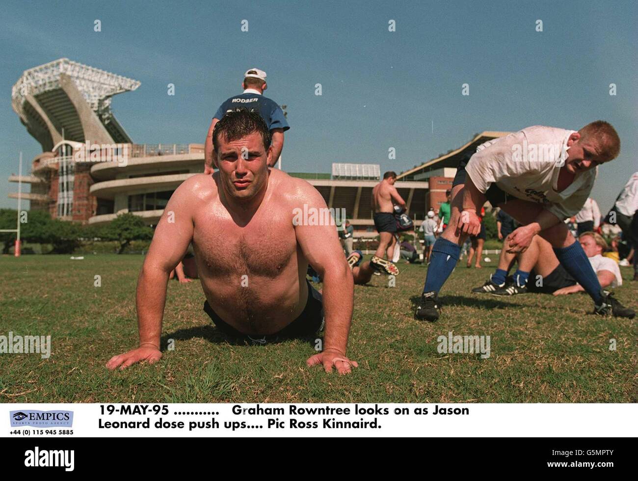 19-MAY-95, . Graham Rowntree looks on as Jason Leonard dose push ups ...