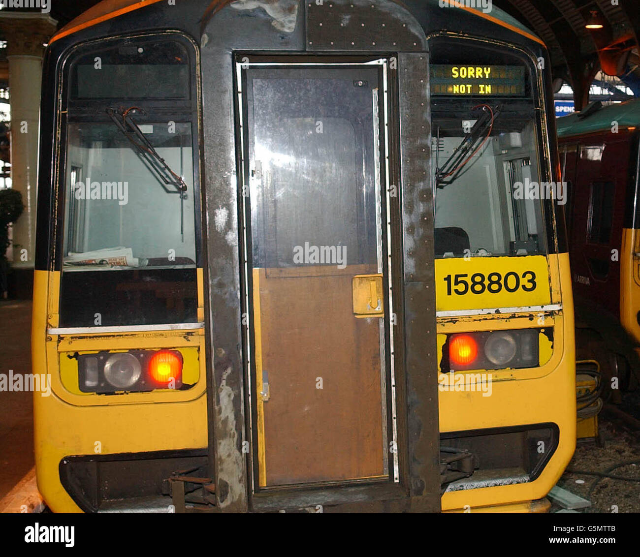 Sorry Not In is the message posted on this train at York Station Railway Station, at the start of Rail Maritime and Transport Union two day strike. Arriva Trains Northern was forced to cancel most of its 1,600 services across northern England because of the walkout. Stock Photo