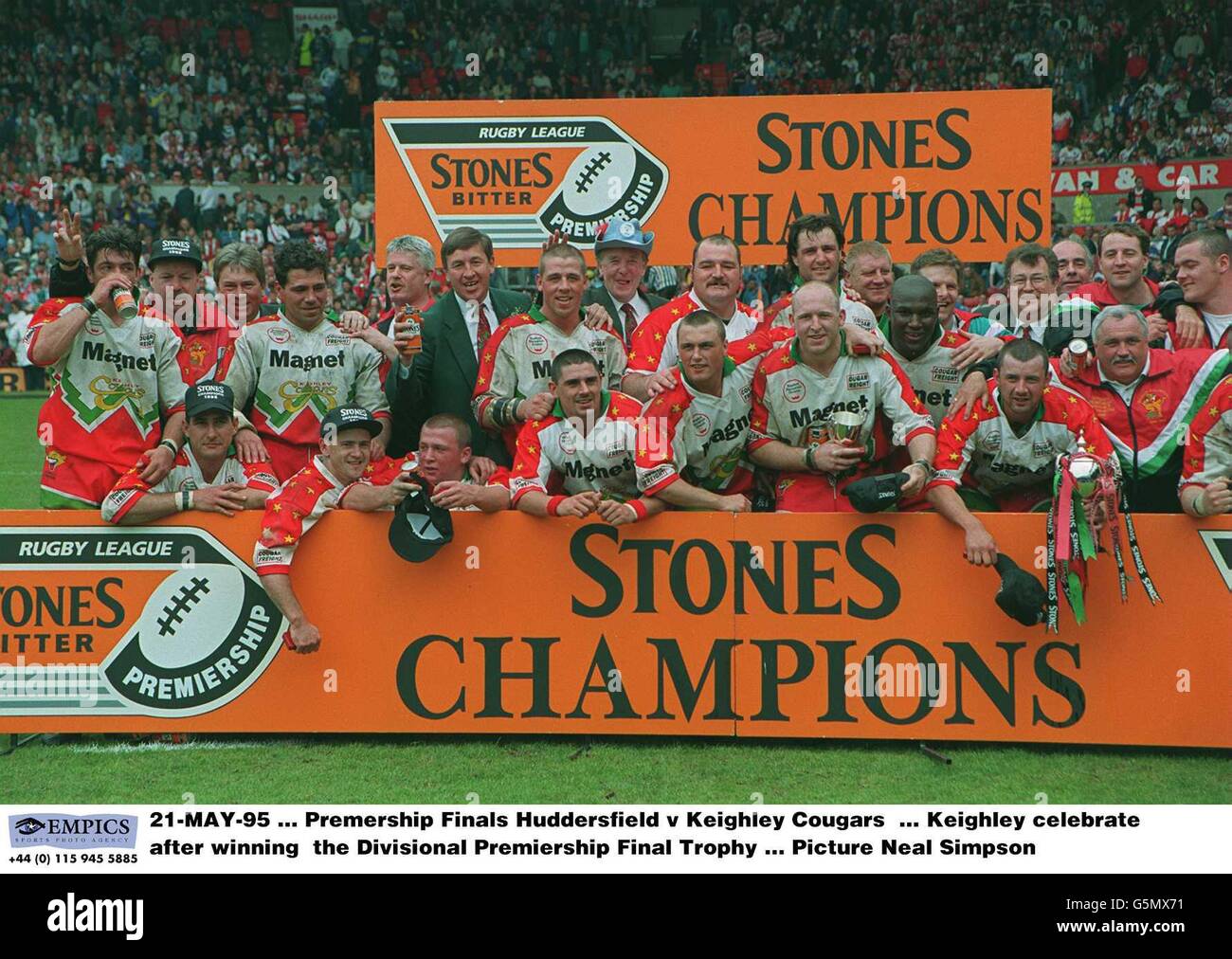 21-MAY-95, Premership Finals Huddersfield v Keighley Cougars, Keighley celebrate after winning the Divisional Premiership Final Trophy, Picture Neal Simpson Stock Photo