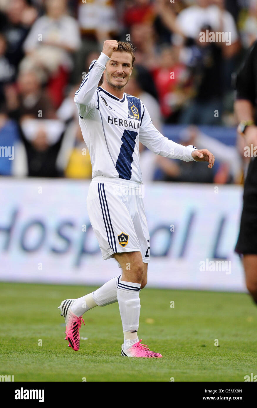 LA Galaxy's David Beckham reacts during the MLS Cup Final at the Home Depot Center, Los Angeles, USA. Stock Photo