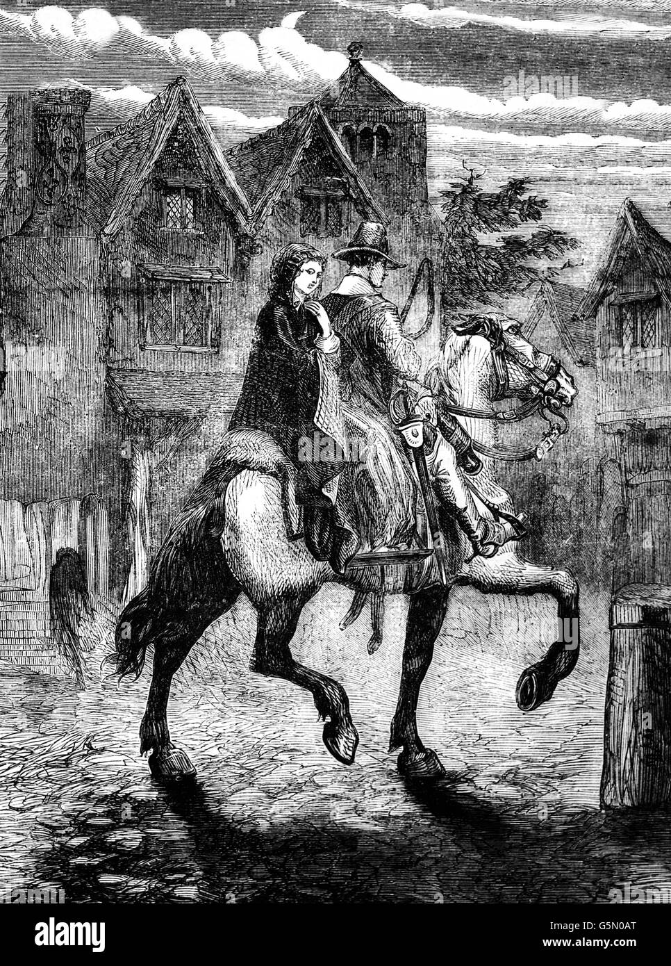 After the army Charles II had raised in Scotland suffered its second defeat at Worcester in 1651 he escaped and headed north to Bentley Hall in Staffordshire. It was decided that the King would act as the servant of Jane Lane, the daughter of  Colonel John Lane and travel to Bristol to find a ship for France. Stock Photo