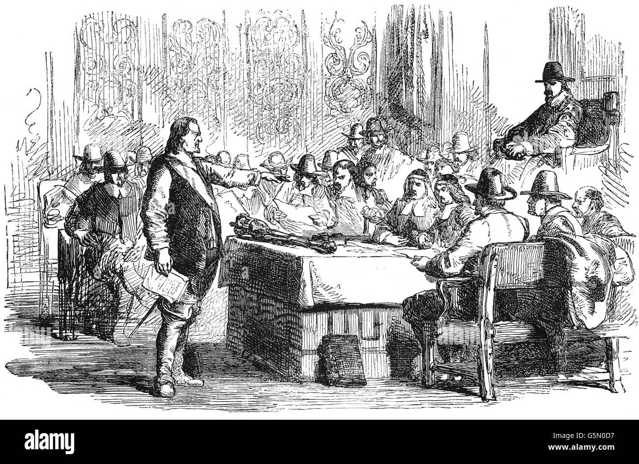 In April 1653 Cromwell addressing the 'Rump' Parliament and demanding it establish a caretaker government of 40 members (drawn from the Rump and the army) and then abdicate. Stock Photo