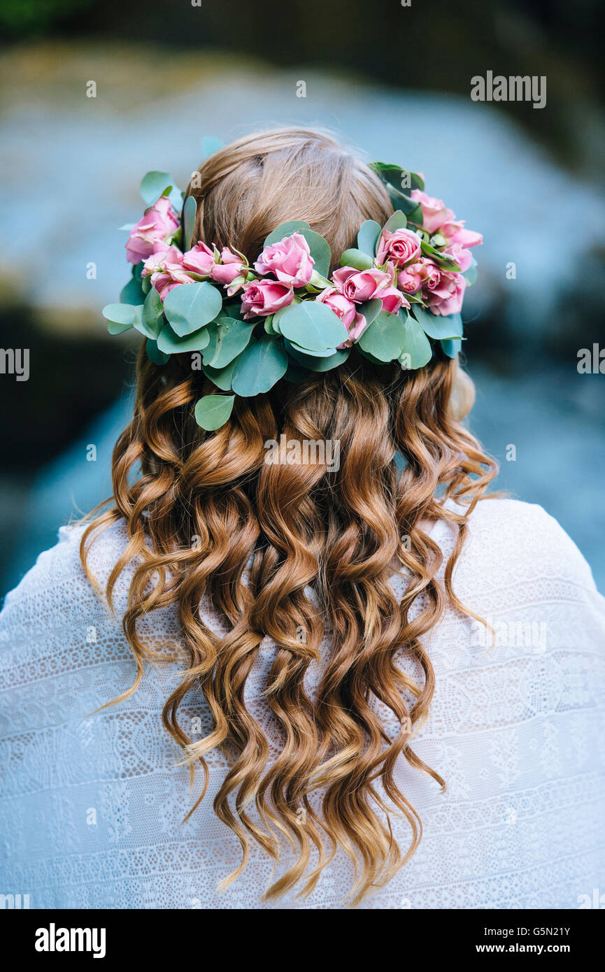 Caucasian woman wearing flower crown Stock Photo
