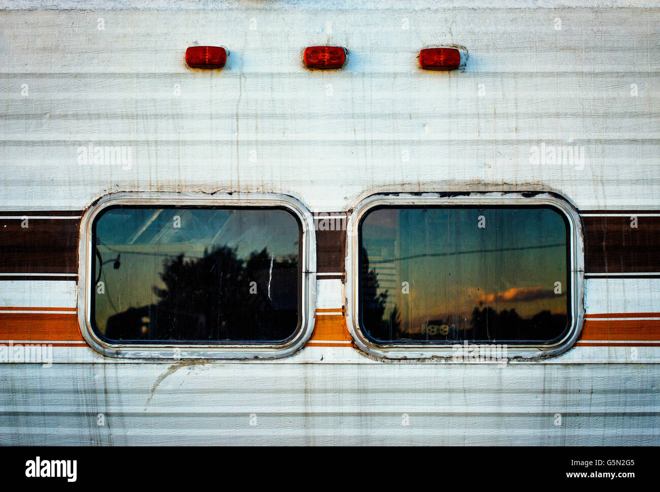 Windows of decaying vehicle Stock Photo