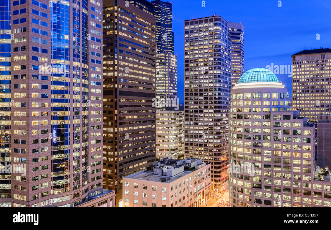 Seattle highrise buildings lit up at night, Washington, United States Stock Photo