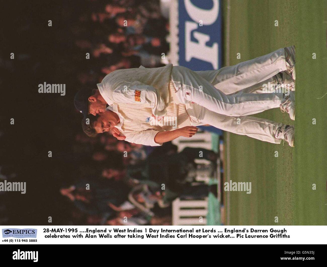 28-MAY-1995 .England v West Indies 1 Day International at Lords. England's Darren Gough celebrates with Alan Wells after taking West Indies Carl Hooper's wicket Stock Photo